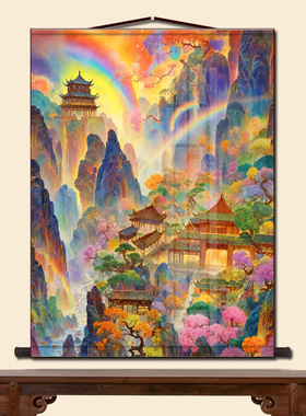堂口供桌山水画客厅仙堂背景无活物装饰风水画风景画供奉丝绸挂画
