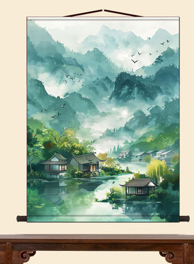 青山绿水山水风景挂画书房玄关客厅装饰字画走廊沙发背景墙丝绸画