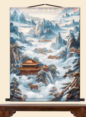 云雾山水画堂口画天宫仙境无活物壁画墙贴小桥亭子风景装饰画挂画
