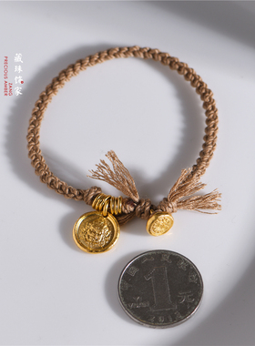 足金手工錾刻古法黄金黄财神手绳