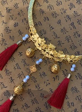 复古汉服红色璎珞项圈民族风古风龙年新年富贵流苏铃铛项链配饰品
