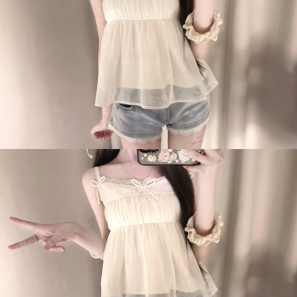 BBING甜饼 柔柔少女蕾丝拼接吊带背心蝴蝶结纯欲修身显瘦短款上衣,淘宝优惠券,粉丝福利购,淘宝优惠卷