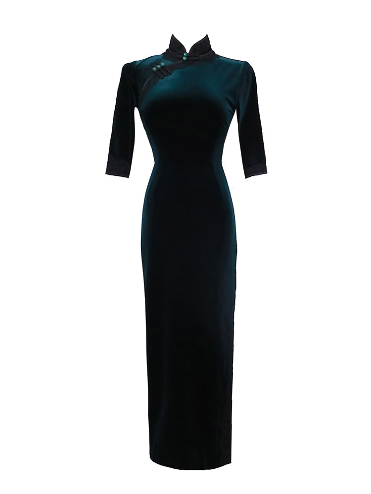 丝绒旗袍秋冬长袖少女改良版连衣裙 阑桂羽旗袍