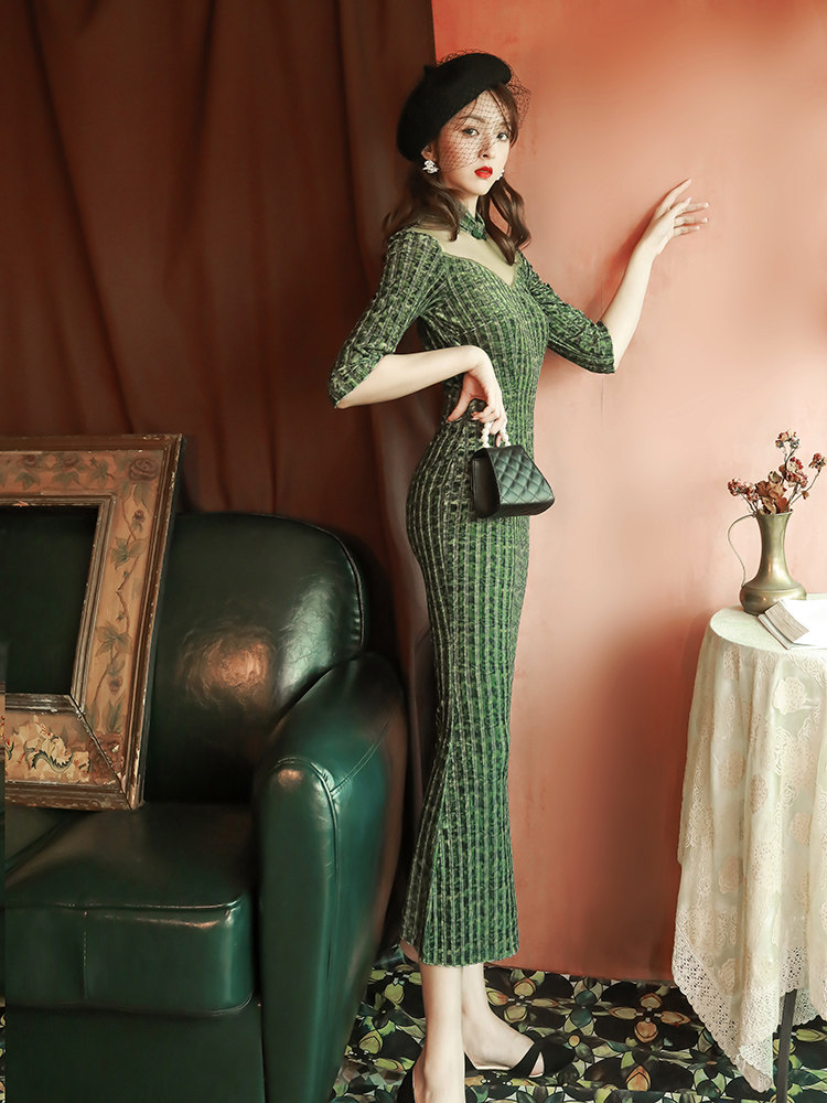 丝绒旗袍年轻款性感长款修身连衣裙 阑桂羽旗袍