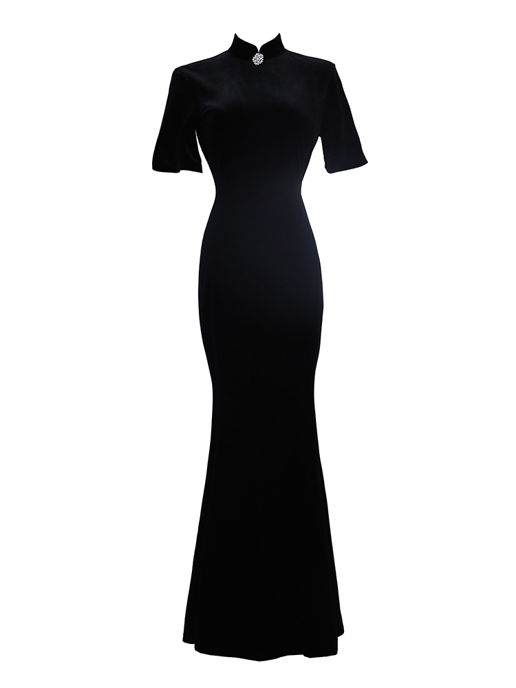 黑色日常生活装连衣裙女秋 阑桂羽旗袍