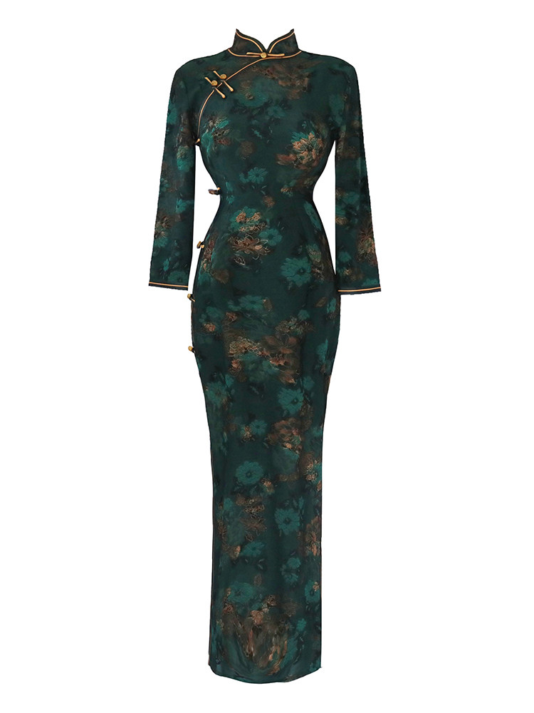 绿色2021年新款长袖复古旗袍 阑桂羽旗袍