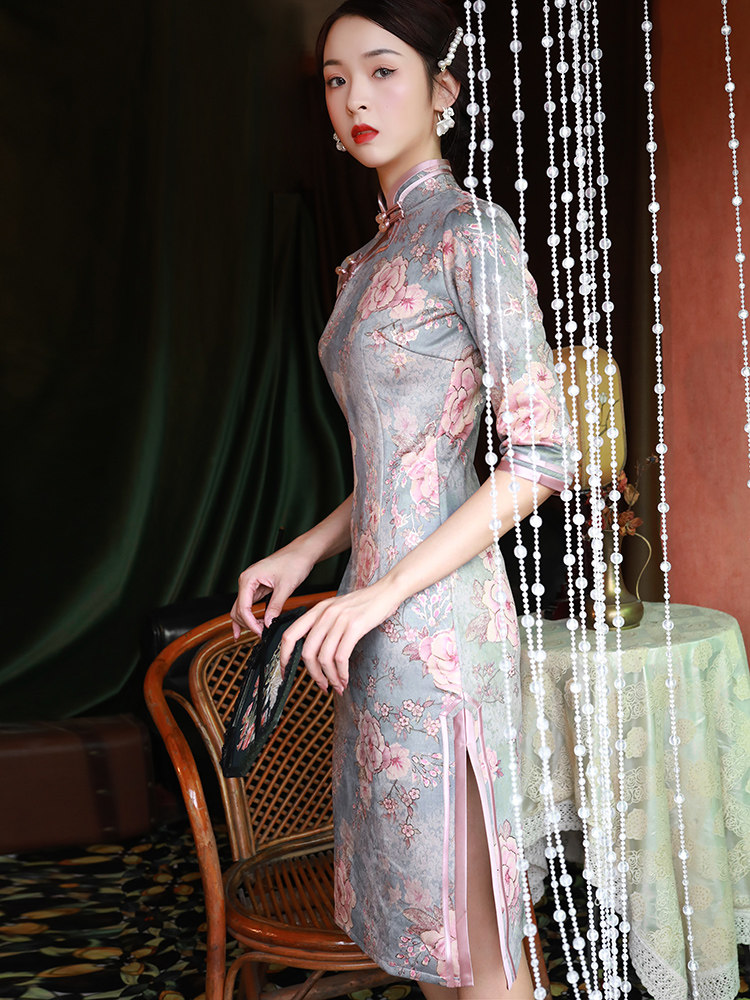 麂皮绒旗袍2020年新款气质女连衣裙 阑桂羽旗袍