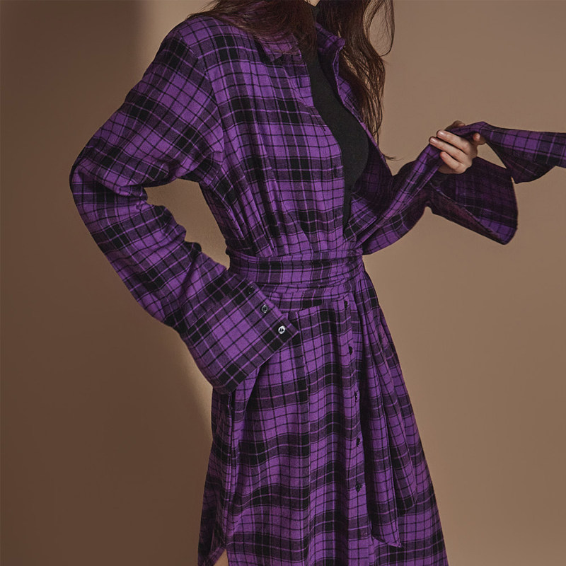 春秋复古风长款格子衬衫女长袖翻领系带收腰气质衬衣裙开叉连衣裙,淘宝优惠券,粉丝福利购,淘宝优惠卷
