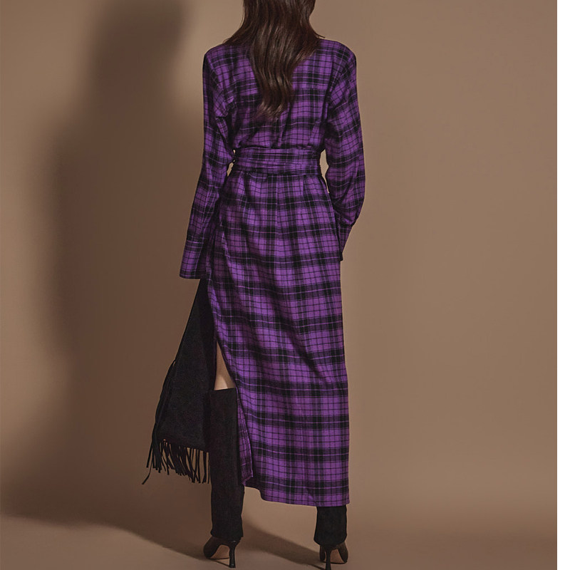 春秋复古风长款格子衬衫女长袖翻领系带收腰气质衬衣裙开叉连衣裙,淘宝优惠券,粉丝福利购,淘宝优惠卷