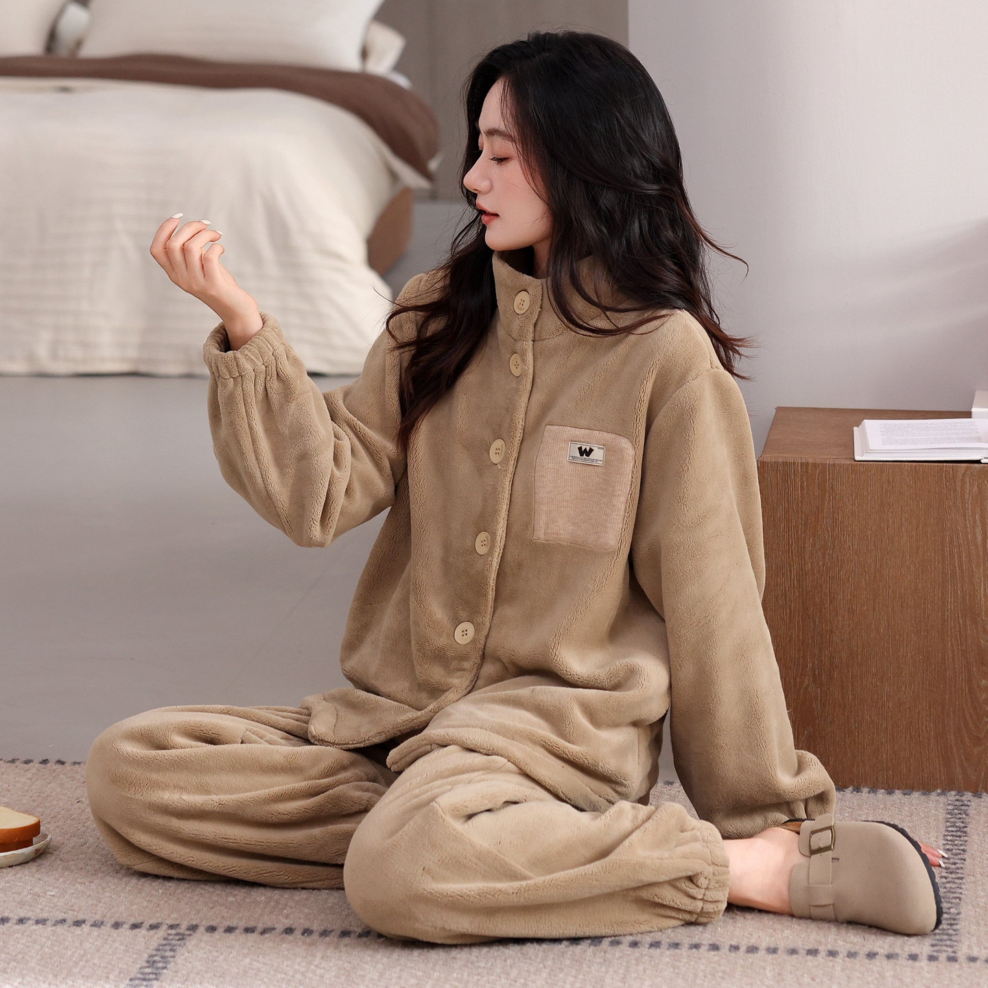 冬季保暖法兰绒女士新款睡衣加绒可外穿冬天珊瑚绒加厚开衫家居服 - 图1