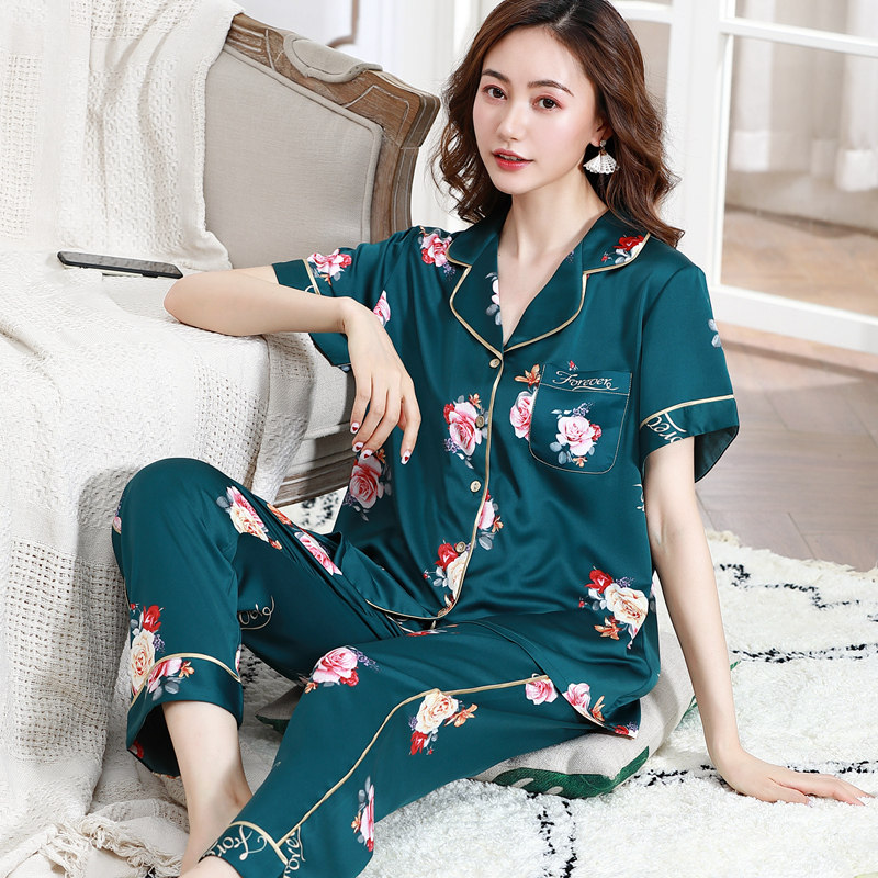 冰丝女士短袖仿真丝绸开衫中年睡衣 惠娜姿睡衣/家居服套装