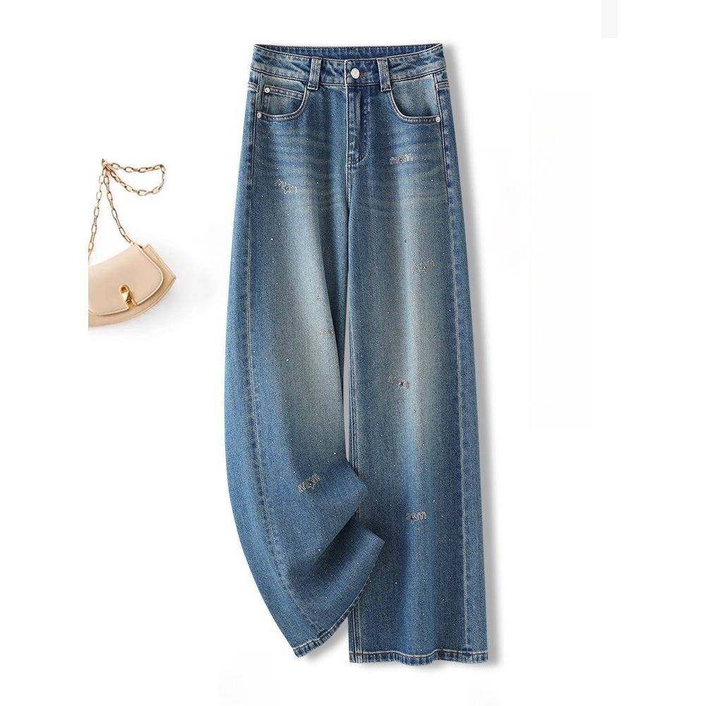 WEI TING烫钻直筒牛仔裤女春秋新款时尚高腰显瘦垂感窄版阔腿裤女,淘宝优惠券,粉丝福利购,淘宝优惠卷