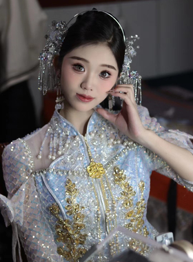 新娘头饰中式古风浅色水晶流苏发簪复古汉服古典减龄秀禾结婚发饰