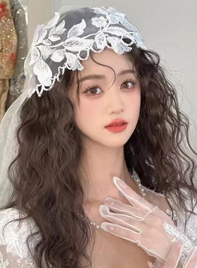 蕾丝头纱新娘主婚纱长款复古法式领证头饰超仙美结婚拍照道具飘逸
