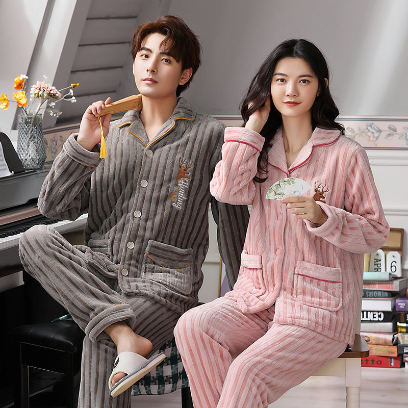 情侣秋冬款珊瑚绒加绒男士睡衣 悠樱服饰睡衣/家居服套装