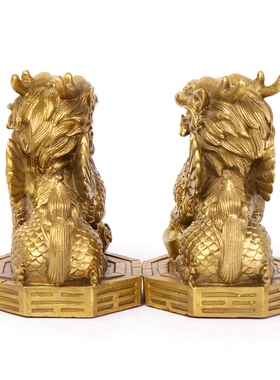 福来阁全黄铜麒麟摆件中式工艺品