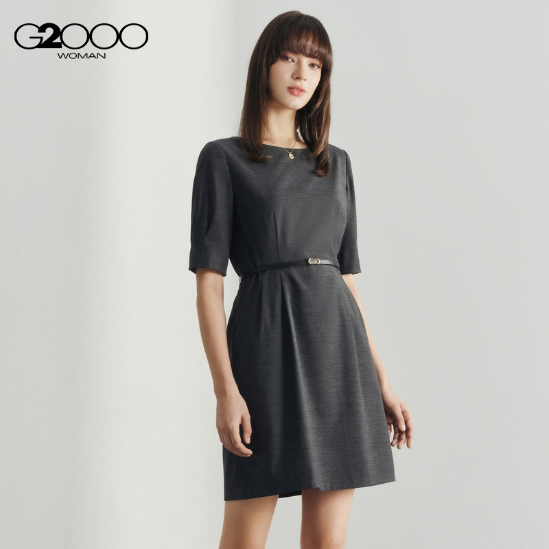 【肌理感】G2000女装2024春夏商场同款腰带舒适弹性五分袖连衣裙. - 图0