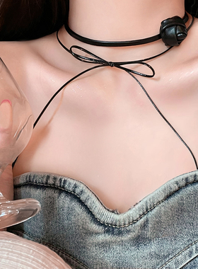 银灰色蝴蝶结玫瑰choker系带颈链小众甜酷辣妹锁骨链潮酷项链配饰