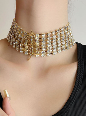 欧美夸张设计感多层闪钻B字母宽项链轻奢小众高级感choker颈链女