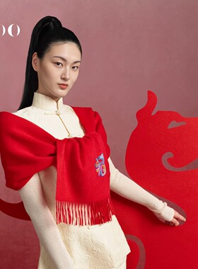 嫵WOO新年红生肖刺绣羊绒围巾