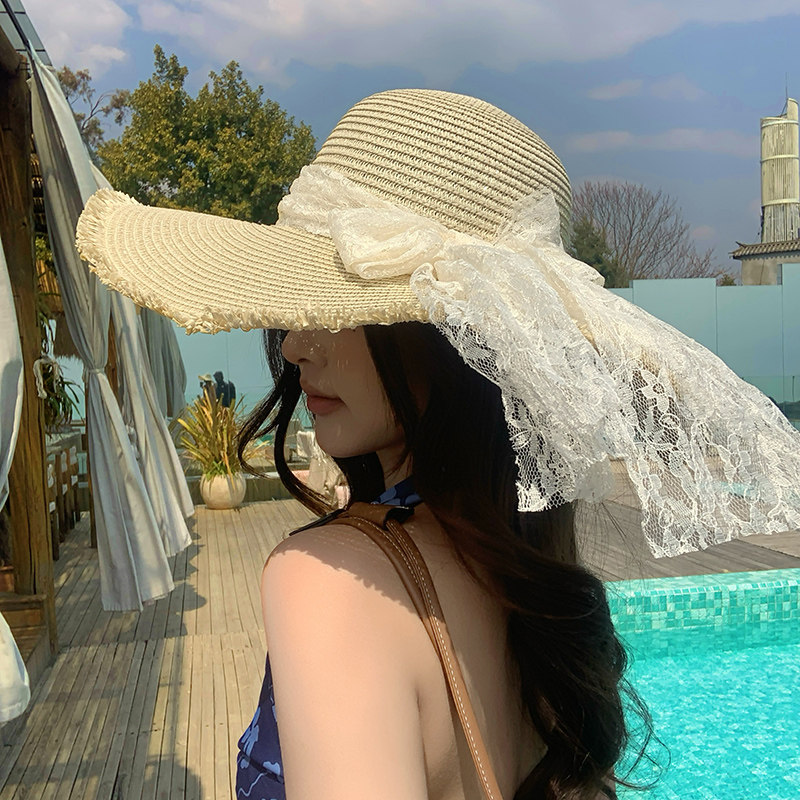 蕾丝蝴蝶结大帽檐沙滩草帽女2025年春新款海边遮阳防晒太阳帽子潮,淘宝优惠券,粉丝福利购,淘宝优惠卷