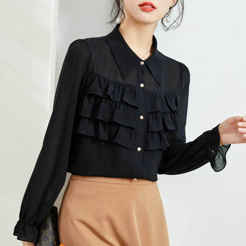 女长袖设计感小众荷叶边2022年衬衫 真言衬衫
