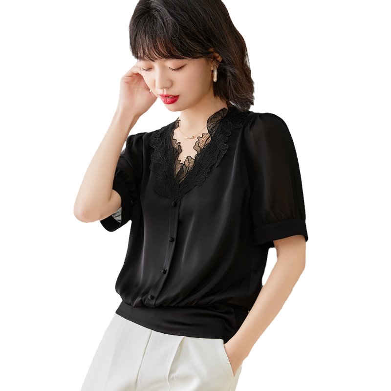 v领雪纺女短袖2022夏季新款衬衫 真言衬衫