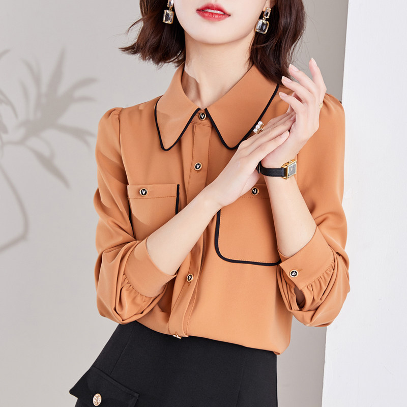 2022春装新款缎面雪纺衫女女衬衣 真言衬衫