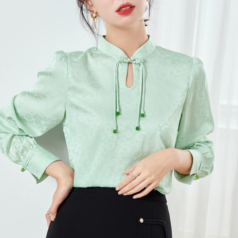 中国风盘扣长袖2022秋新款雪纺衫 真言蕾丝衫/雪纺衫