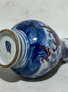 老瓷器树叶款青花釉里红手绘人物小福筒老货收藏中式客厅陶瓷摆件
