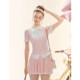 GirlyFancyClub Genki Girls College Pink Sleeve Short Sleeve Knitted Fake two-piece top pleated skirt suit