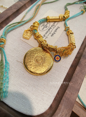 夫人手作 古法錾刻黄财神编绳项链新中式原创手工毛衣链饰品国风