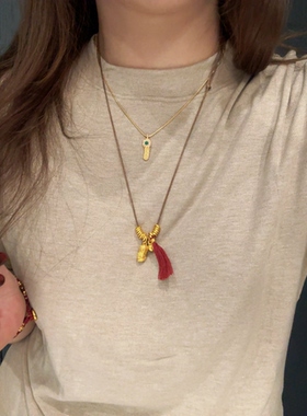 夫人手作  古法锤纹盘缠流苏好柿花生（好事发生）皮绳项链