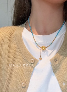 夫人手作 古法金绿松石新中式龙凤珠毛衣链女饰品项链凤珠