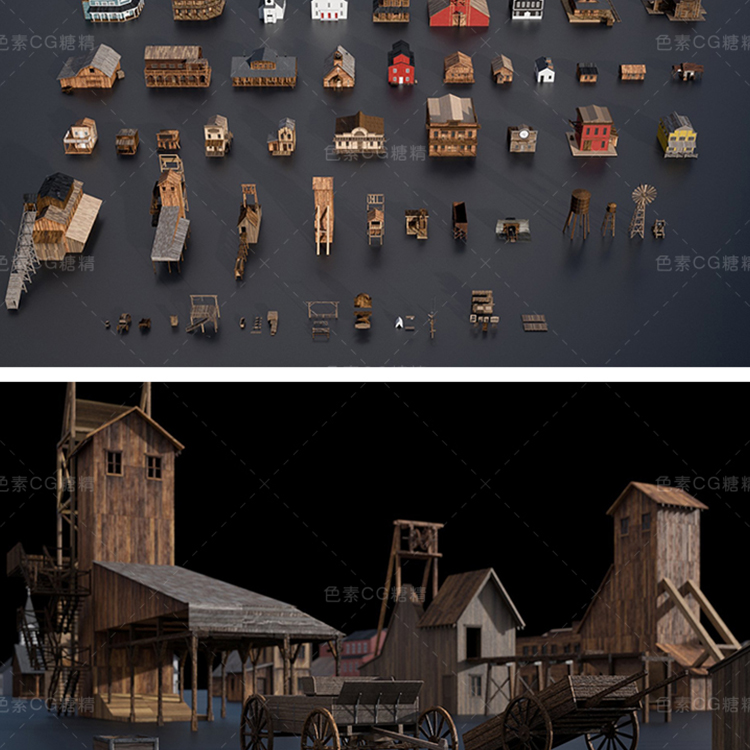 西部牛仔小镇城市楼房农庄矿厂建筑3d三维模型maya3dmaxc4dblende - 图2