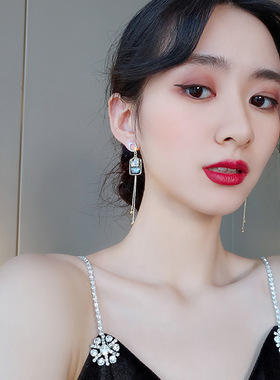 s925银针方形几何水晶女百搭长款