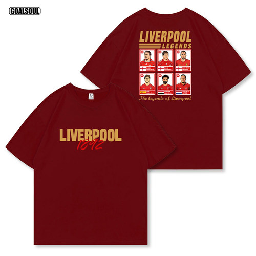 利物浦T恤LIVERPOOL杰拉德 萨拉赫 范戴克复古插画款纯棉休闲短袖 - 图1