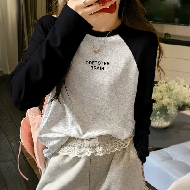 Black raglan long-sleeved T-shirt, loose, slim and versatile top, early spring new round neck bottoming shirt, thin Korean version