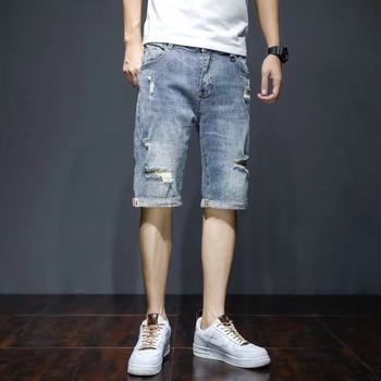 ໂສ້ງຍີນສັ້ນຜູ້ຊາຍ trendy brand slim fit trousers summer thin casual ripped mid-pants men's Korean style breeches trendy