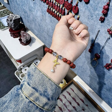 朱砂手串正品晶体砂手链本命年男女款真辰砂首饰海蓝宝水晶手串