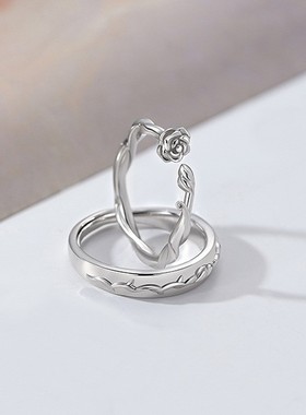 蔷薇花情侣戒指一对潮流小众简约食指戒时尚小清新花朵开口指环