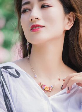 手工饰品法式时尚珐琅釉红黄色芍药花朵流苏坠项链锁骨链饰品女潮