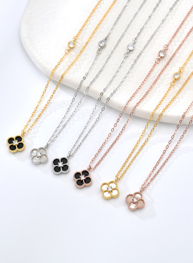 925纯银天然黑玛瑙四叶草饰品项链女秋冬小众高级感百搭锁骨链