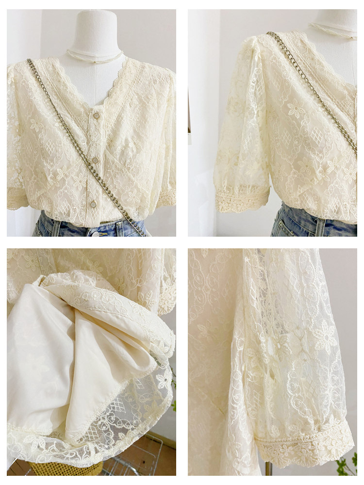 2022夏新款蕾丝衫女减龄短袖衬衫 莲妲衬衫