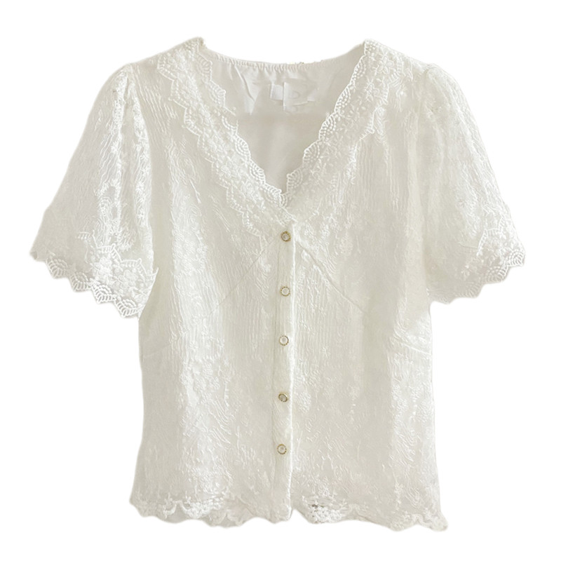 夏季设计感镂空泡泡袖法式v领衬衫 莲妲衬衫
