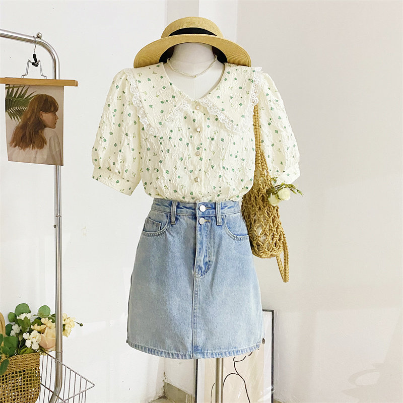 法式蕾丝花边娃娃领碎花女夏衬衫 莲妲衬衫