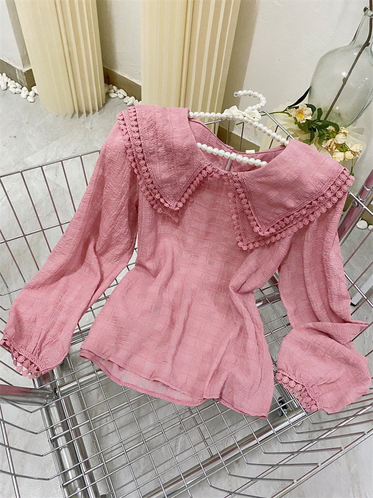 粉色双层蕾丝娃娃领女长袖2022衬衫 莲妲衬衫