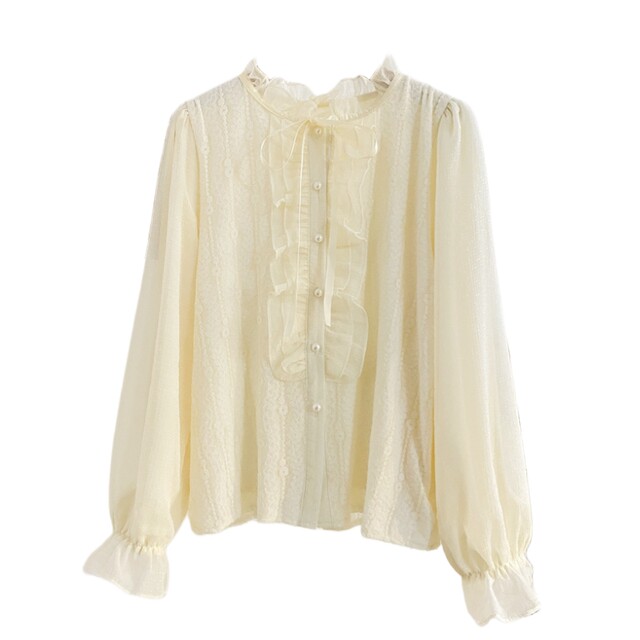Sweet long-sleeved lace stand-up collar ruffled shirt plus velvet