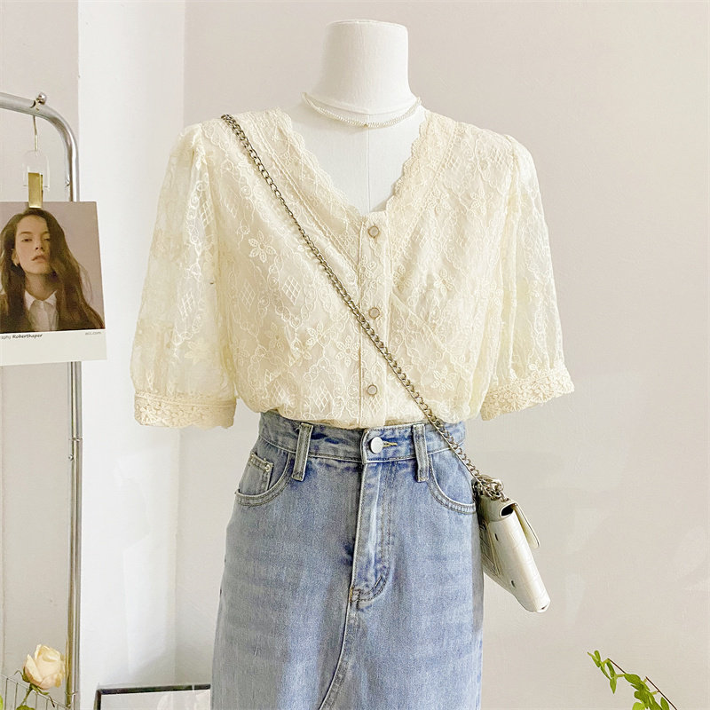 2022夏新款蕾丝衫女减龄短袖衬衫 莲妲衬衫
