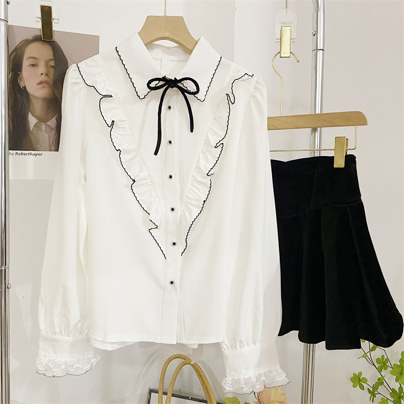 2022春甜美荷叶边系带蝴蝶结衬衫 莲妲衬衫